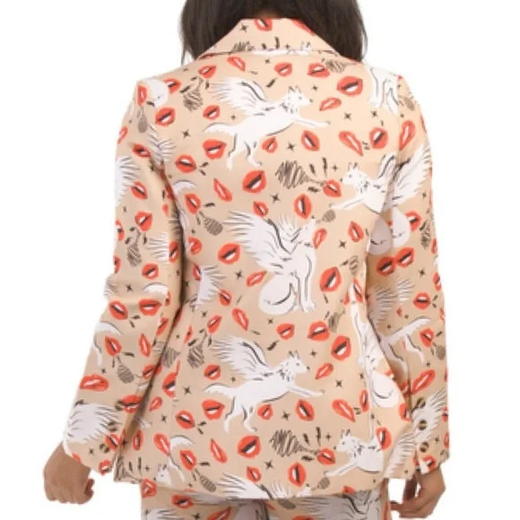 LAS SURENAS Wolf Kisses Lip Amore Print Single Button Linen Loose Fit Blazer - Picture 12 of 16